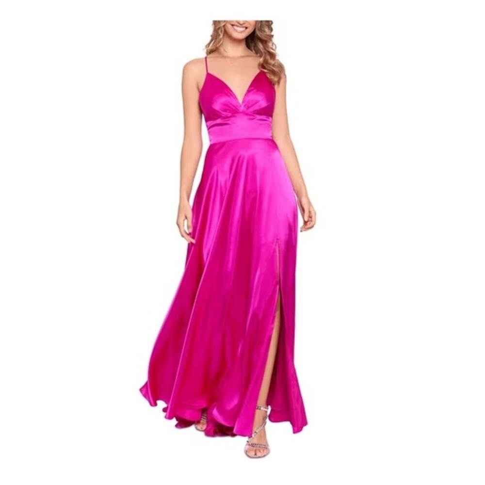 Blondie Pink Magenta Corset Back Spaghetti Strap V Neck Prom Dress Women's 11
